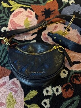 Charles & Keith Black Crescent Quilted Crossbody with Gold Chain